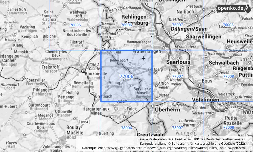 Übersichtskarte KOSTRA-DWD-2010R Rasterfeld Nr. 77006 mit angrenzenden Feldern