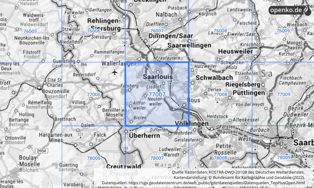 Übersichtskarte KOSTRA-DWD-2010R Rasterfeld Nr. 77007 mit angrenzenden Feldern