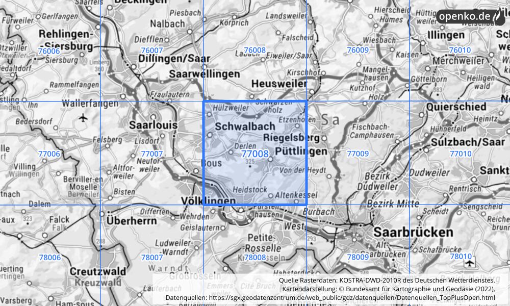 Übersichtskarte KOSTRA-DWD-2010R Rasterfeld Nr. 77008 mit angrenzenden Feldern