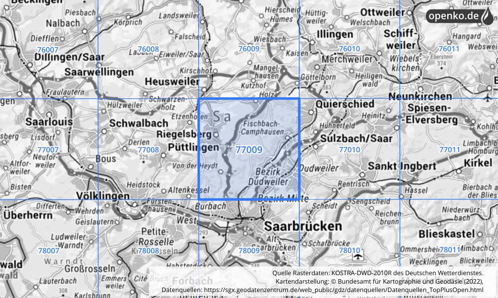 Übersichtskarte KOSTRA-DWD-2010R Rasterfeld Nr. 77009 mit angrenzenden Feldern