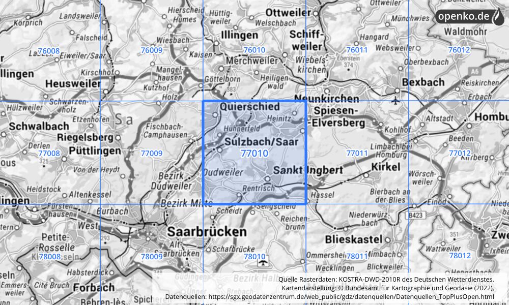 Übersichtskarte KOSTRA-DWD-2010R Rasterfeld Nr. 77010 mit angrenzenden Feldern