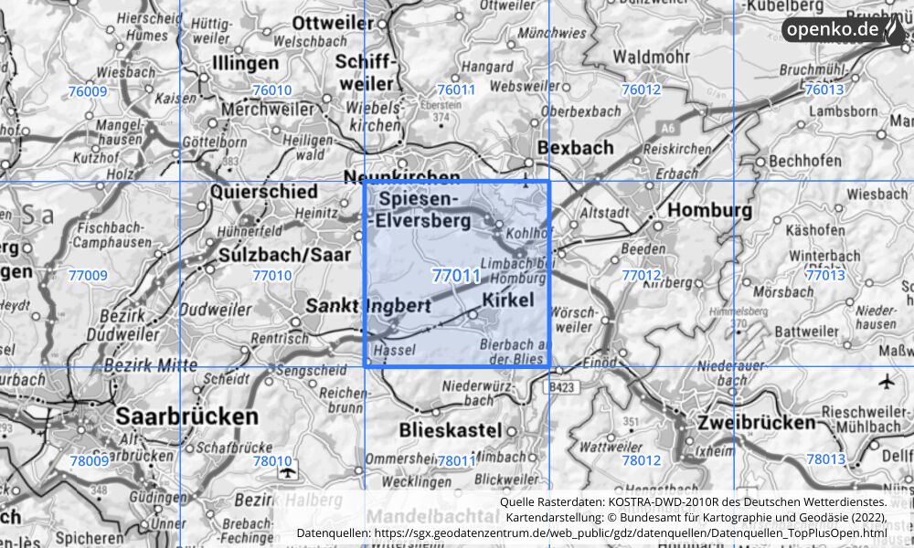 Übersichtskarte KOSTRA-DWD-2010R Rasterfeld Nr. 77011 mit angrenzenden Feldern