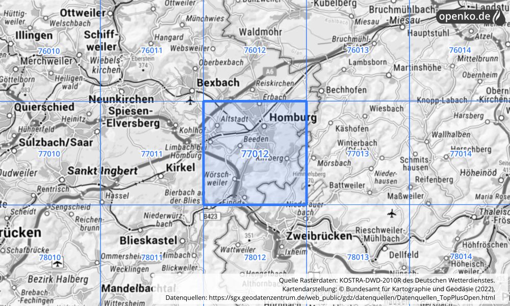 Übersichtskarte KOSTRA-DWD-2010R Rasterfeld Nr. 77012 mit angrenzenden Feldern