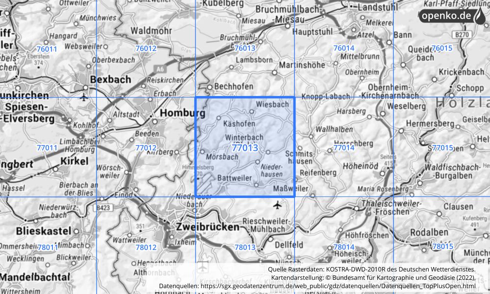 Übersichtskarte KOSTRA-DWD-2010R Rasterfeld Nr. 77013 mit angrenzenden Feldern