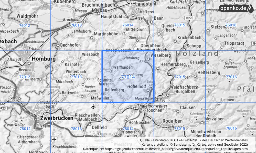 Übersichtskarte KOSTRA-DWD-2010R Rasterfeld Nr. 77014 mit angrenzenden Feldern