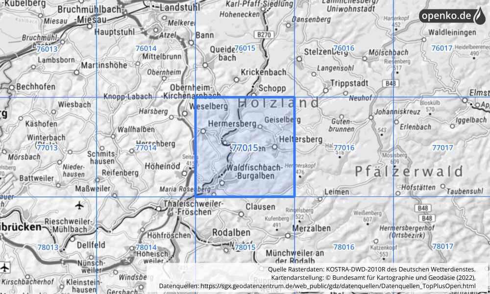 Übersichtskarte KOSTRA-DWD-2010R Rasterfeld Nr. 77015 mit angrenzenden Feldern