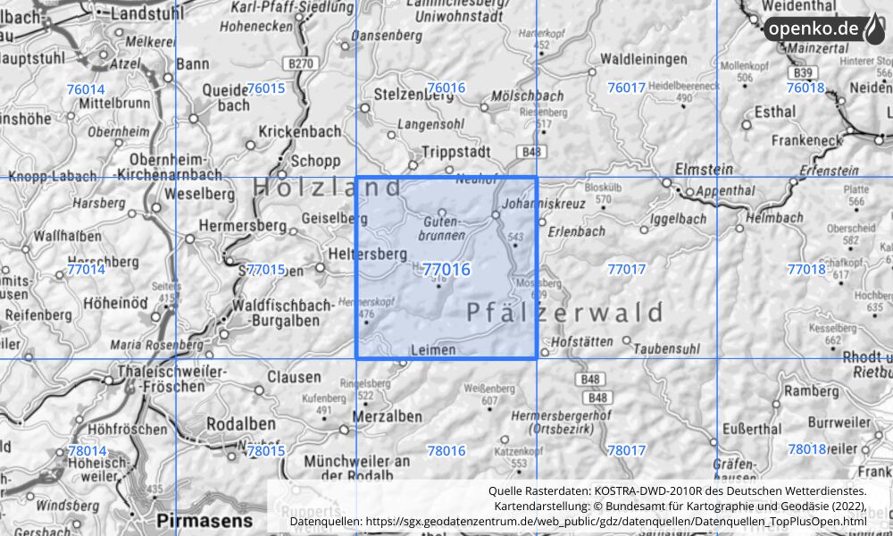 Übersichtskarte KOSTRA-DWD-2010R Rasterfeld Nr. 77016 mit angrenzenden Feldern