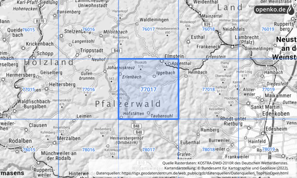 Übersichtskarte KOSTRA-DWD-2010R Rasterfeld Nr. 77017 mit angrenzenden Feldern