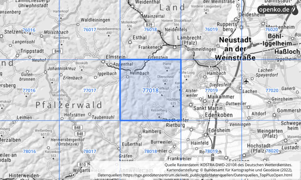 Übersichtskarte KOSTRA-DWD-2010R Rasterfeld Nr. 77018 mit angrenzenden Feldern