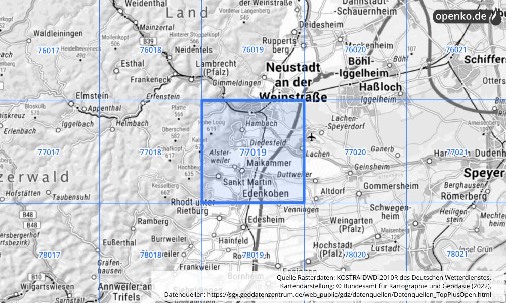 Übersichtskarte KOSTRA-DWD-2010R Rasterfeld Nr. 77019 mit angrenzenden Feldern