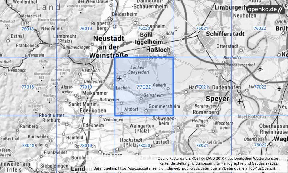 Übersichtskarte KOSTRA-DWD-2010R Rasterfeld Nr. 77020 mit angrenzenden Feldern