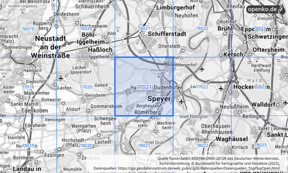 Übersichtskarte KOSTRA-DWD-2010R Rasterfeld Nr. 77021 mit angrenzenden Feldern