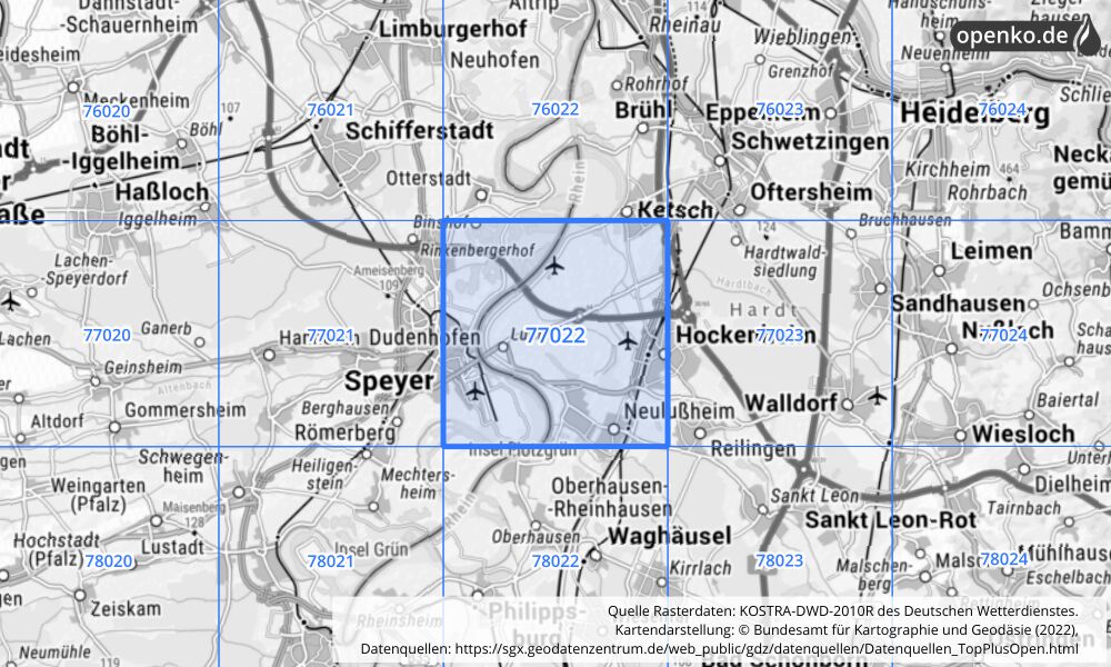 Übersichtskarte KOSTRA-DWD-2010R Rasterfeld Nr. 77022 mit angrenzenden Feldern