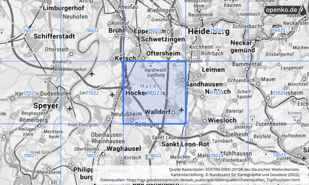 Übersichtskarte KOSTRA-DWD-2010R Rasterfeld Nr. 77023 mit angrenzenden Feldern