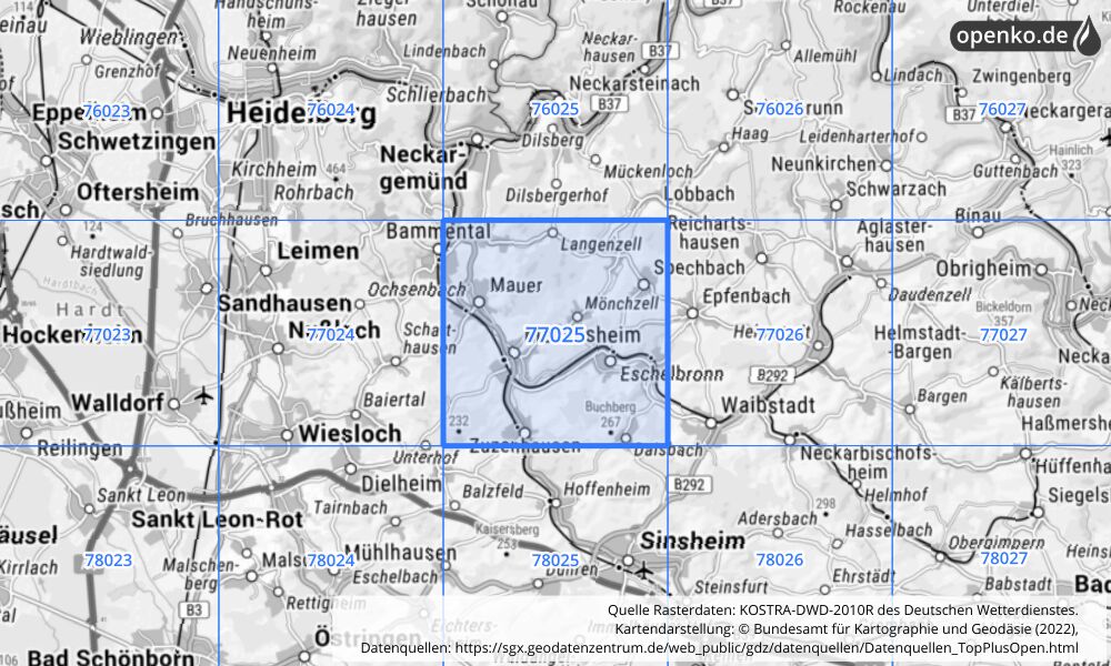 Übersichtskarte KOSTRA-DWD-2010R Rasterfeld Nr. 77025 mit angrenzenden Feldern