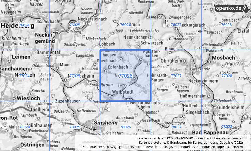 Übersichtskarte KOSTRA-DWD-2010R Rasterfeld Nr. 77026 mit angrenzenden Feldern