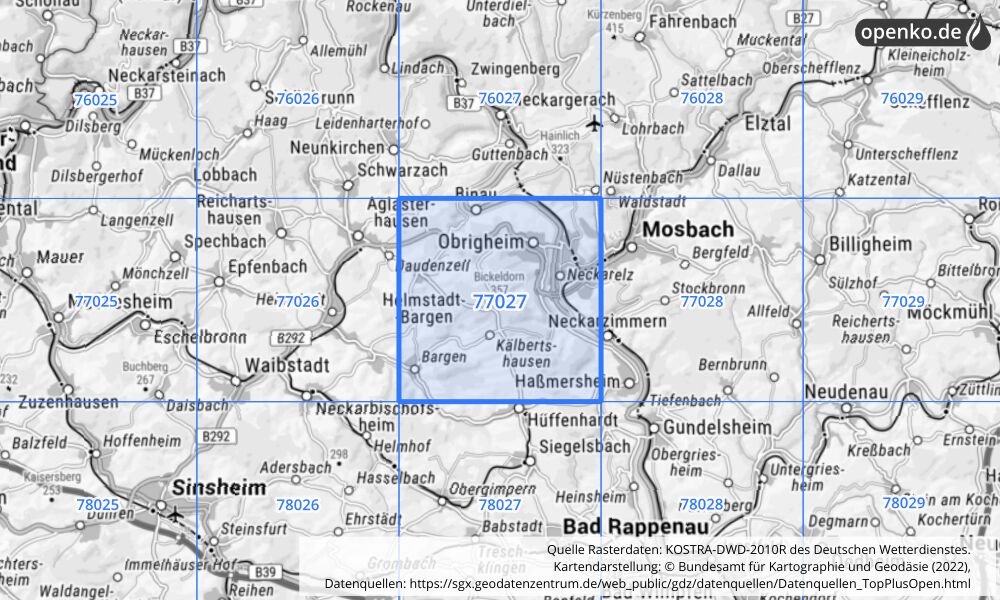 Übersichtskarte KOSTRA-DWD-2010R Rasterfeld Nr. 77027 mit angrenzenden Feldern