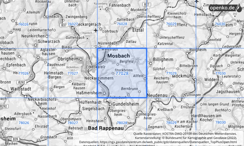 Übersichtskarte KOSTRA-DWD-2010R Rasterfeld Nr. 77028 mit angrenzenden Feldern