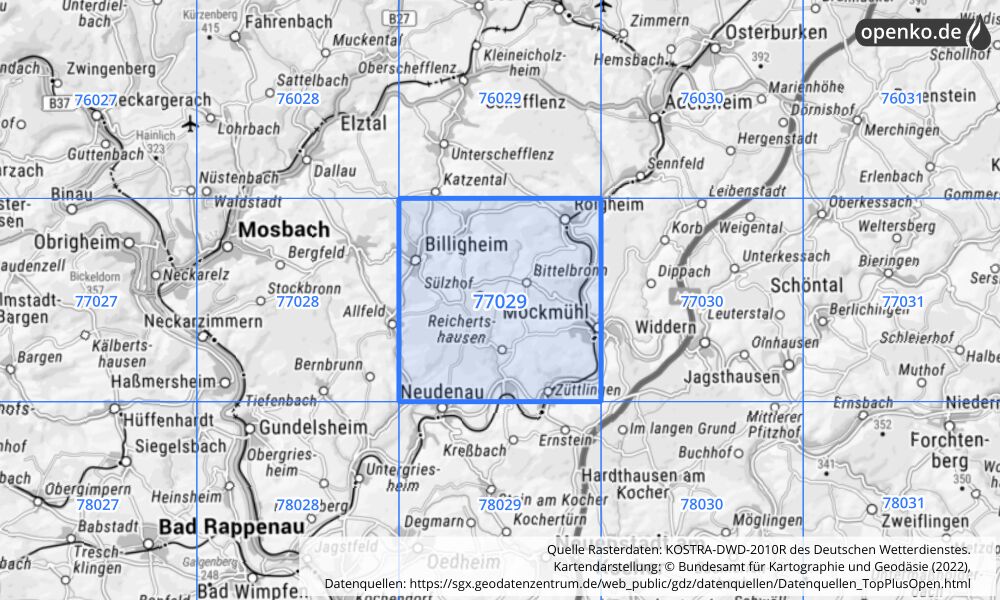 Übersichtskarte KOSTRA-DWD-2010R Rasterfeld Nr. 77029 mit angrenzenden Feldern