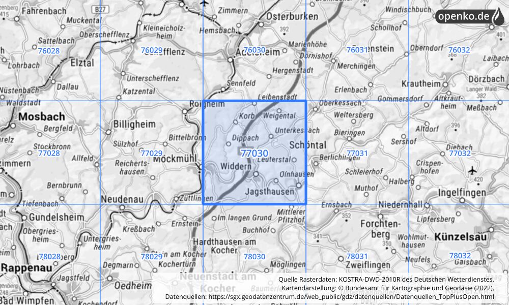 Übersichtskarte KOSTRA-DWD-2010R Rasterfeld Nr. 77030 mit angrenzenden Feldern