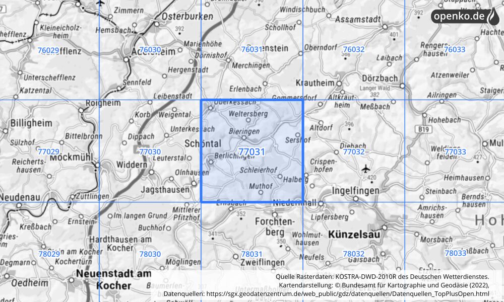 Übersichtskarte KOSTRA-DWD-2010R Rasterfeld Nr. 77031 mit angrenzenden Feldern