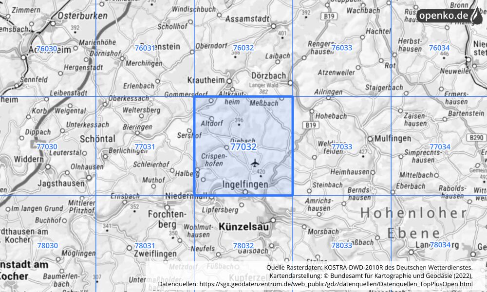 Übersichtskarte KOSTRA-DWD-2010R Rasterfeld Nr. 77032 mit angrenzenden Feldern