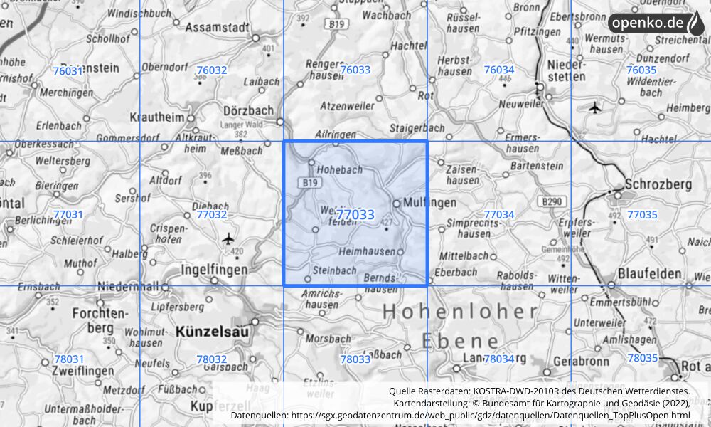 Übersichtskarte KOSTRA-DWD-2010R Rasterfeld Nr. 77033 mit angrenzenden Feldern