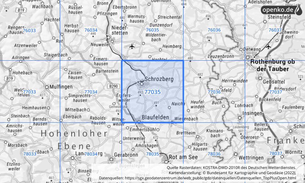 Übersichtskarte KOSTRA-DWD-2010R Rasterfeld Nr. 77035 mit angrenzenden Feldern