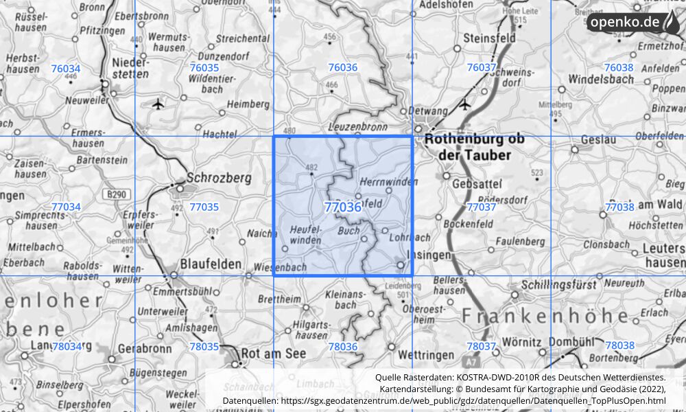 Übersichtskarte KOSTRA-DWD-2010R Rasterfeld Nr. 77036 mit angrenzenden Feldern