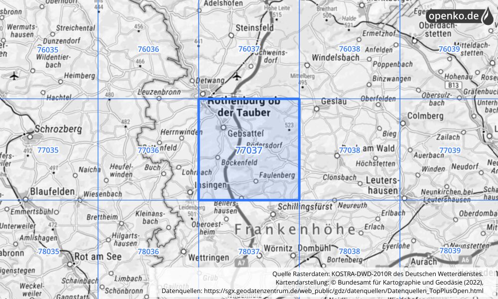 Übersichtskarte KOSTRA-DWD-2010R Rasterfeld Nr. 77037 mit angrenzenden Feldern