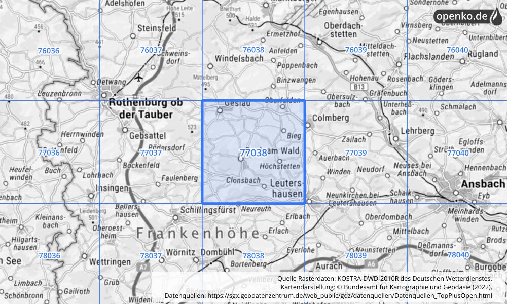 Übersichtskarte KOSTRA-DWD-2010R Rasterfeld Nr. 77038 mit angrenzenden Feldern