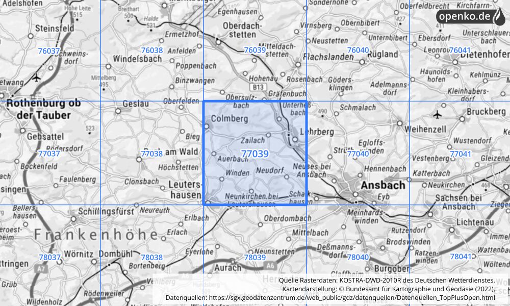 Übersichtskarte KOSTRA-DWD-2010R Rasterfeld Nr. 77039 mit angrenzenden Feldern