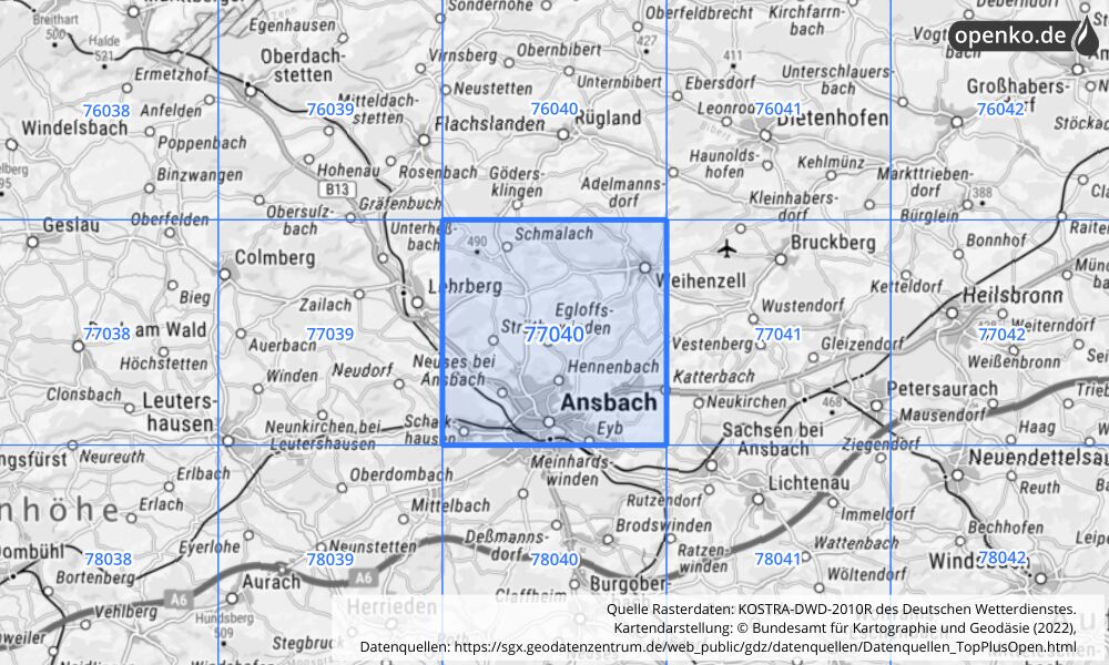 Übersichtskarte KOSTRA-DWD-2010R Rasterfeld Nr. 77040 mit angrenzenden Feldern