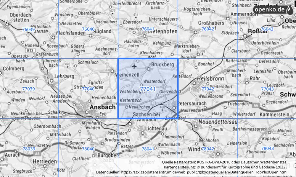 Übersichtskarte KOSTRA-DWD-2010R Rasterfeld Nr. 77041 mit angrenzenden Feldern