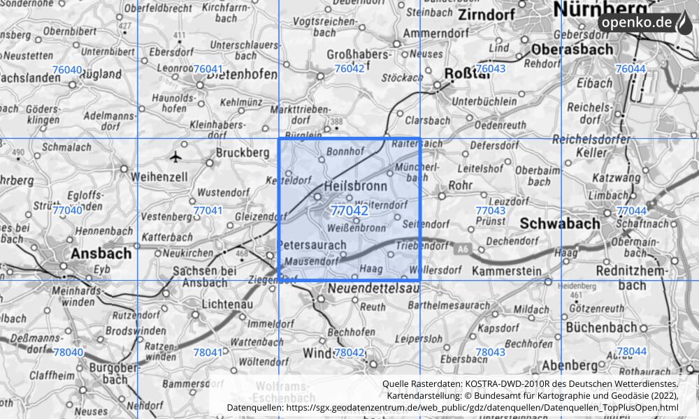 Übersichtskarte KOSTRA-DWD-2010R Rasterfeld Nr. 77042 mit angrenzenden Feldern