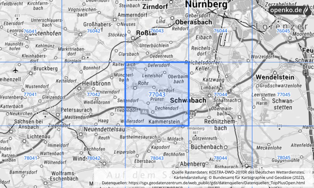 Übersichtskarte KOSTRA-DWD-2010R Rasterfeld Nr. 77043 mit angrenzenden Feldern