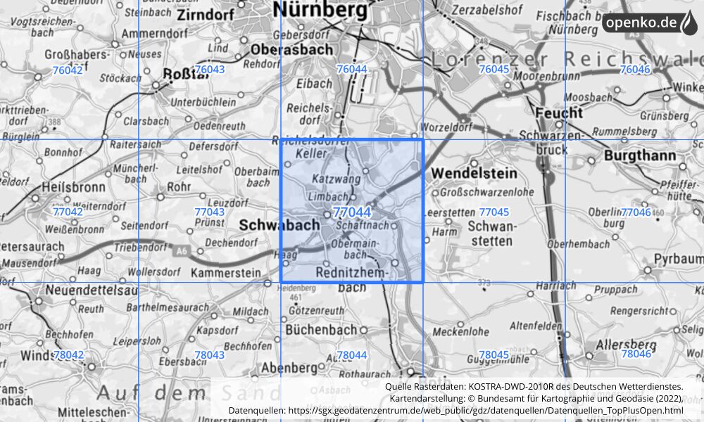 Übersichtskarte KOSTRA-DWD-2010R Rasterfeld Nr. 77044 mit angrenzenden Feldern