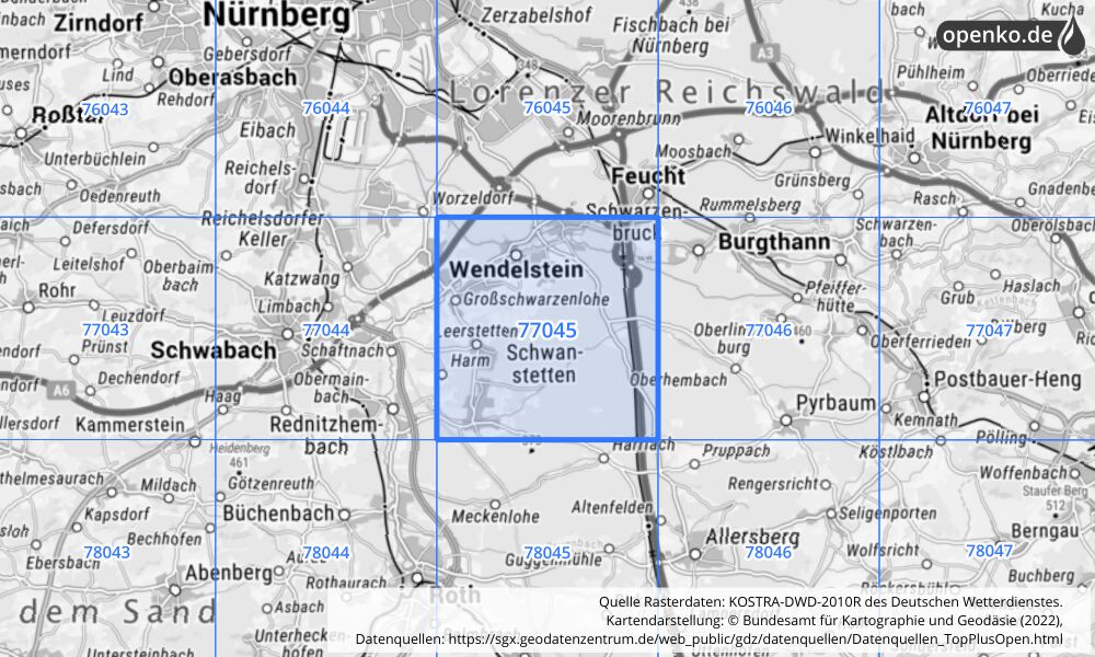 Übersichtskarte KOSTRA-DWD-2010R Rasterfeld Nr. 77045 mit angrenzenden Feldern