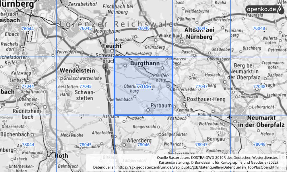 Übersichtskarte KOSTRA-DWD-2010R Rasterfeld Nr. 77046 mit angrenzenden Feldern