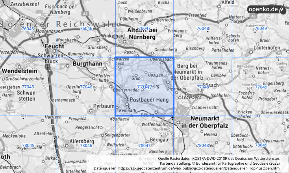 Übersichtskarte KOSTRA-DWD-2010R Rasterfeld Nr. 77047 mit angrenzenden Feldern