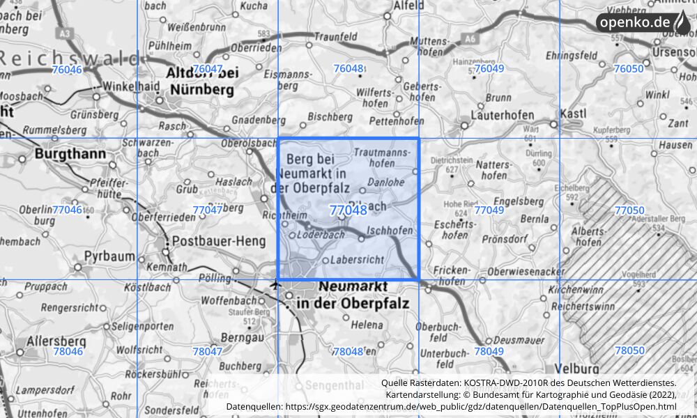 Übersichtskarte KOSTRA-DWD-2010R Rasterfeld Nr. 77048 mit angrenzenden Feldern