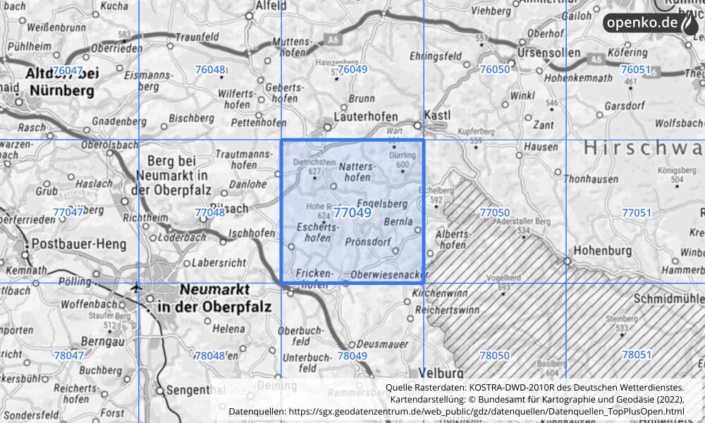 Übersichtskarte KOSTRA-DWD-2010R Rasterfeld Nr. 77049 mit angrenzenden Feldern