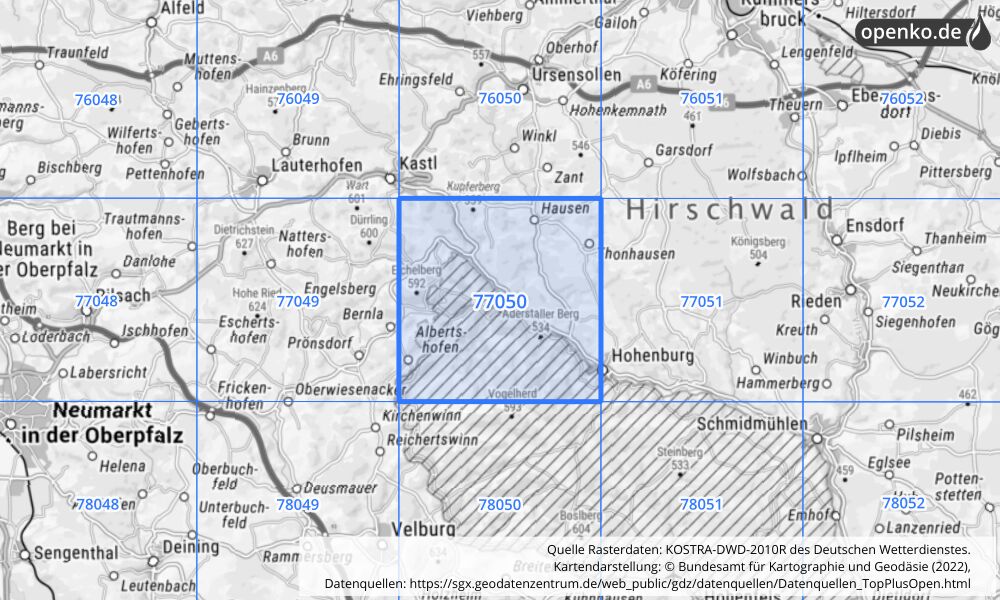 Übersichtskarte KOSTRA-DWD-2010R Rasterfeld Nr. 77050 mit angrenzenden Feldern