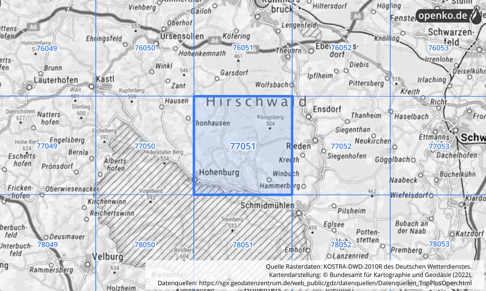 Übersichtskarte KOSTRA-DWD-2010R Rasterfeld Nr. 77051 mit angrenzenden Feldern