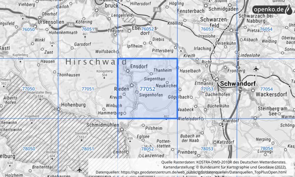 Übersichtskarte KOSTRA-DWD-2010R Rasterfeld Nr. 77052 mit angrenzenden Feldern