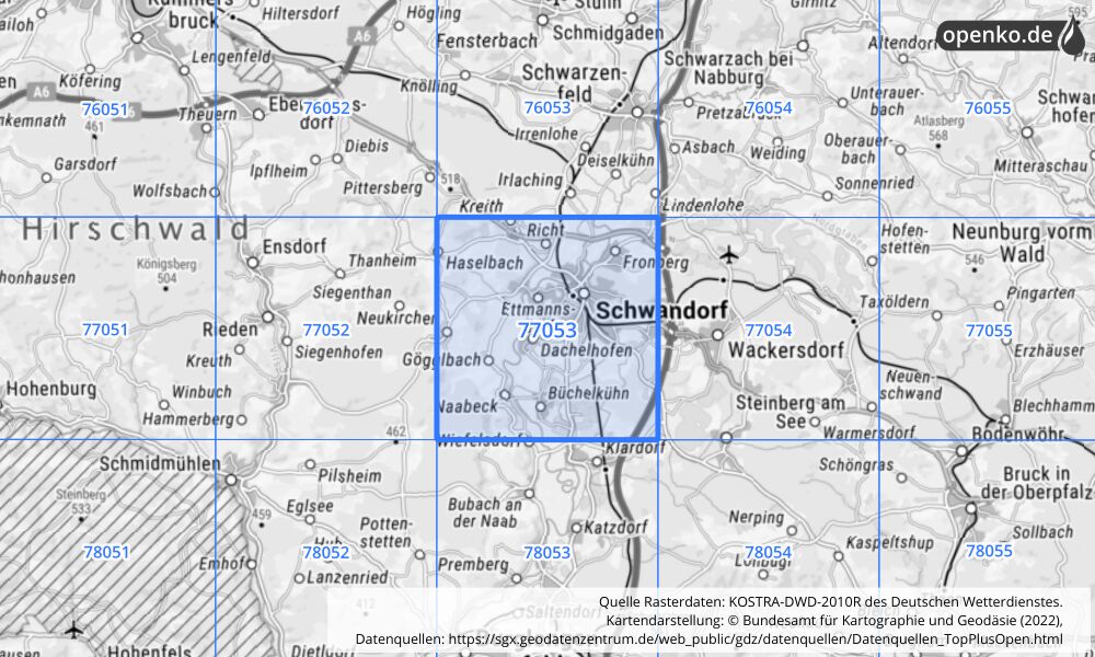 Übersichtskarte KOSTRA-DWD-2010R Rasterfeld Nr. 77053 mit angrenzenden Feldern