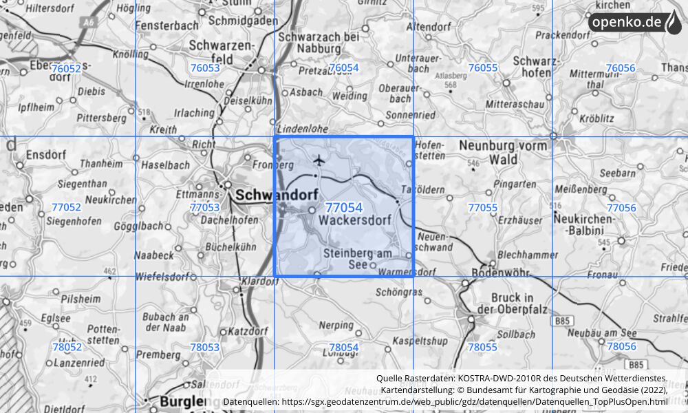 Übersichtskarte KOSTRA-DWD-2010R Rasterfeld Nr. 77054 mit angrenzenden Feldern