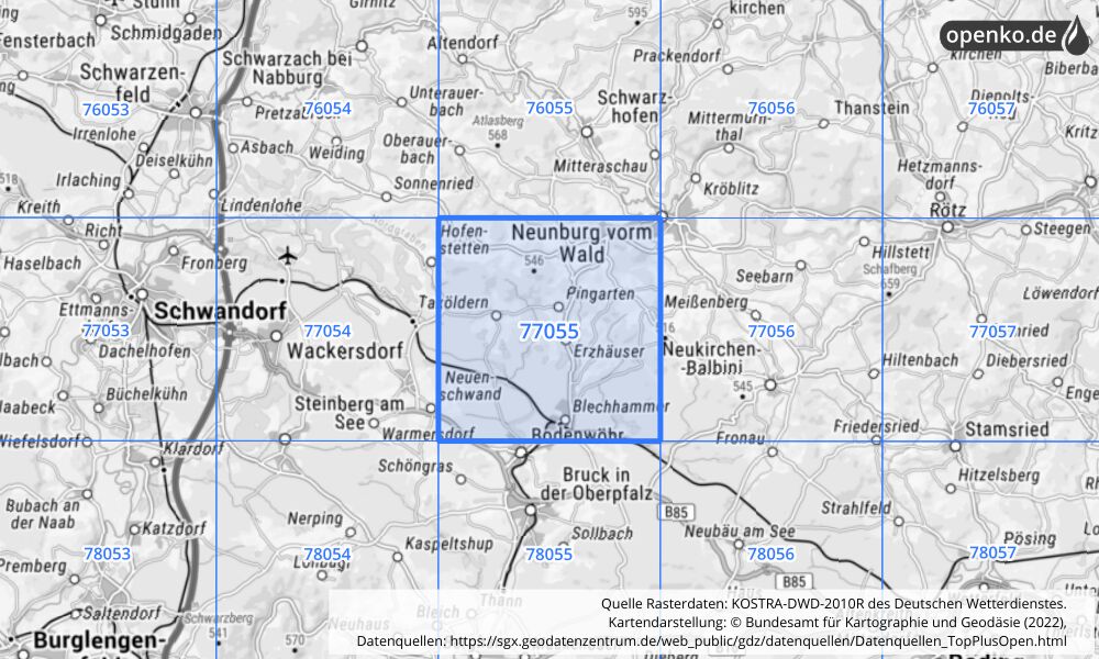 Übersichtskarte KOSTRA-DWD-2010R Rasterfeld Nr. 77055 mit angrenzenden Feldern