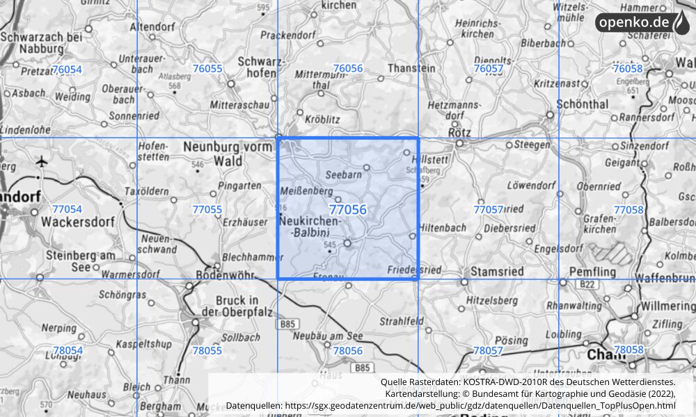 Übersichtskarte KOSTRA-DWD-2010R Rasterfeld Nr. 77056 mit angrenzenden Feldern