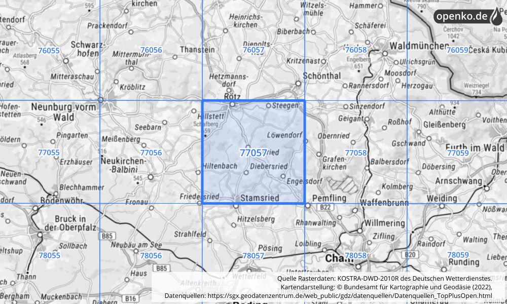 Übersichtskarte KOSTRA-DWD-2010R Rasterfeld Nr. 77057 mit angrenzenden Feldern